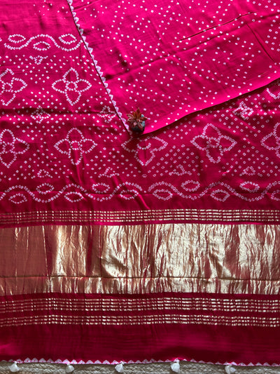 SAYNUKTA:PINK, HANDMADE BANDHANI MODAL SILK SAREE WITH TISSUE PALLU