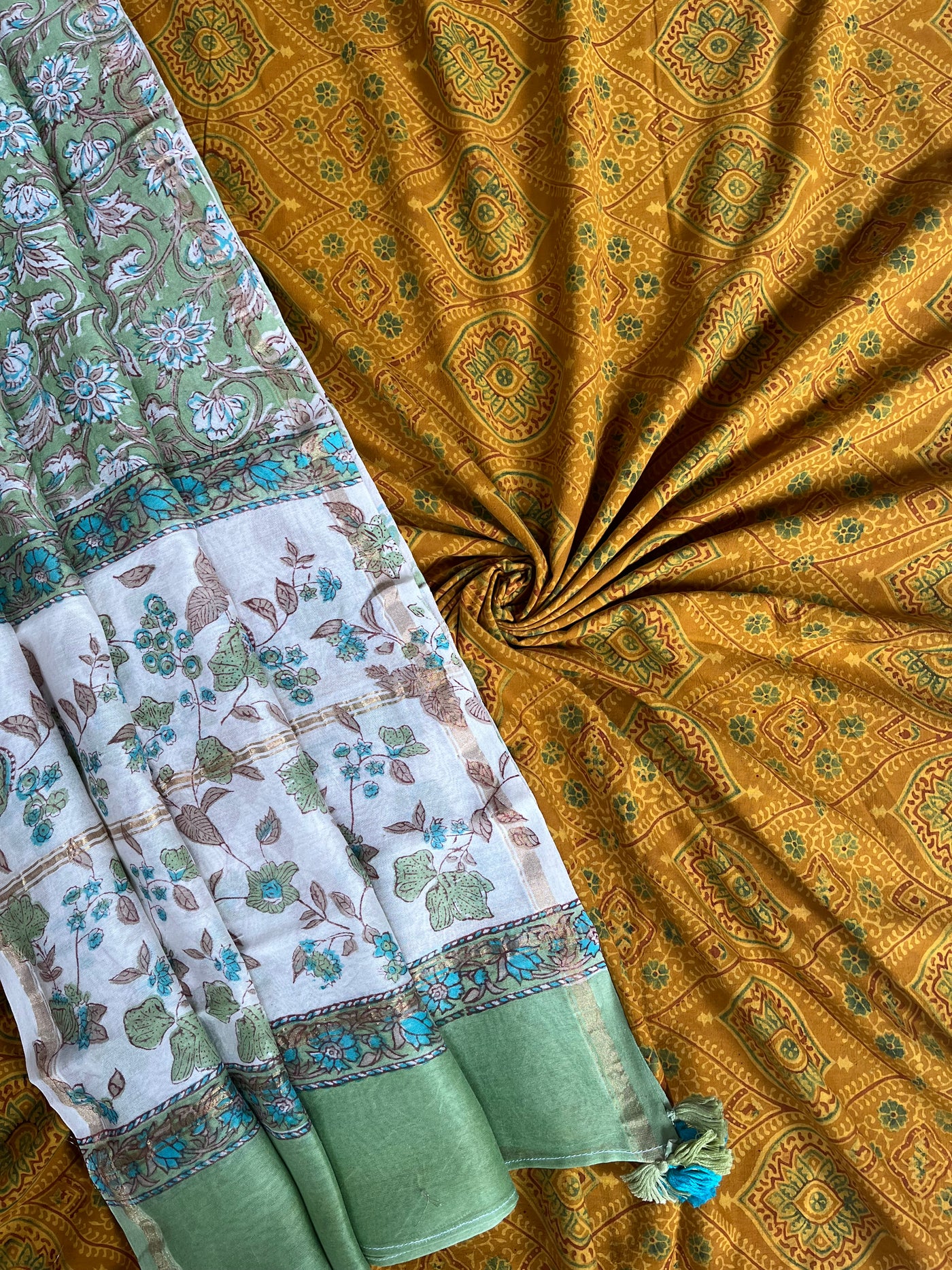 JUHI: HANDBLOCK PRINTED AJRAKH COTTON 3 PIECE SUIT SET WITH CHANDERI DUPATTA