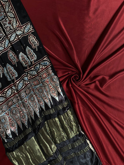 RUKMANI : Handblock Ajrakh Modal Silk Suitset