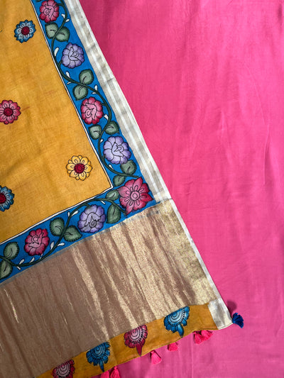 GUL : HAND DRAWN HAND PAINTED PEN KALAMKARI CHANDERI SILK  TISSUE DUPATTA WITH DYED MODAL SILK  SUIT SET