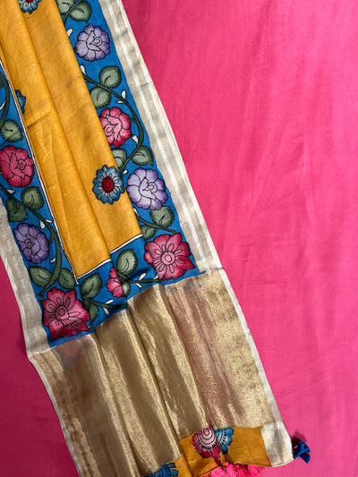 GUL : HAND DRAWN HAND PAINTED PEN KALAMKARI CHANDERI SILK  TISSUE DUPATTA WITH DYED MODAL SILK  SUIT SET