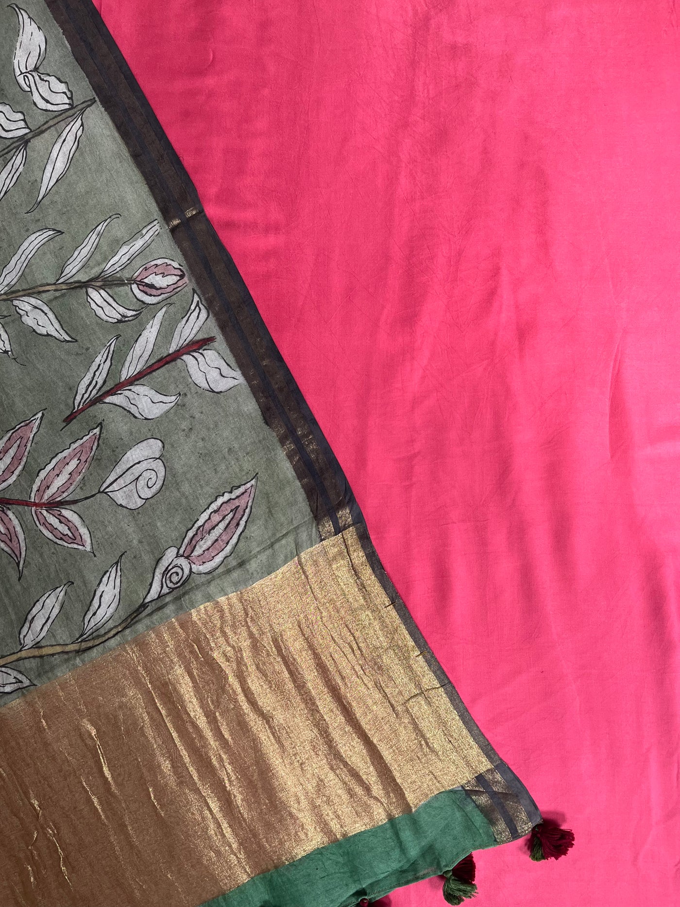 SHREE : HAND DRAWN HAND PAINTED PEN KALAMKARI CHANDERI SILK  TISSUE DUPATTA WITH DYED MODAL SILK  SUIT SET