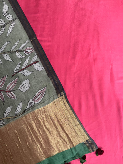 SHREE : HAND DRAWN HAND PAINTED PEN KALAMKARI CHANDERI SILK  TISSUE DUPATTA WITH DYED MODAL SILK  SUIT SET