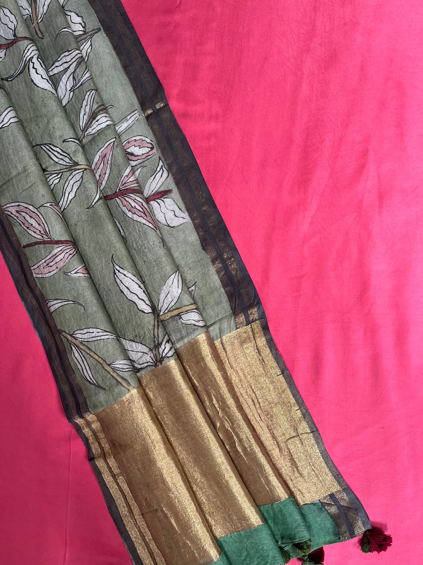 SHREE : HAND DRAWN HAND PAINTED PEN KALAMKARI CHANDERI SILK  TISSUE DUPATTA WITH DYED MODAL SILK  SUIT SET