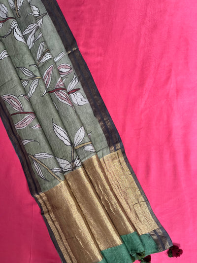 SHREE : HAND DRAWN HAND PAINTED PEN KALAMKARI CHANDERI SILK  TISSUE DUPATTA WITH DYED MODAL SILK  SUIT SET