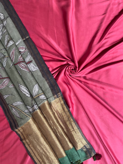 SHREE : HAND DRAWN HAND PAINTED PEN KALAMKARI CHANDERI SILK  TISSUE DUPATTA WITH DYED MODAL SILK  SUIT SET