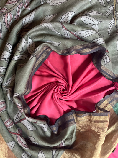 SHREE : HAND DRAWN HAND PAINTED PEN KALAMKARI CHANDERI SILK  TISSUE DUPATTA WITH DYED MODAL SILK  SUIT SET