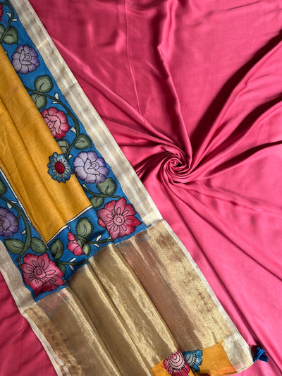 GUL : HAND DRAWN HAND PAINTED PEN KALAMKARI CHANDERI SILK  TISSUE DUPATTA WITH DYED MODAL SILK  SUIT SET