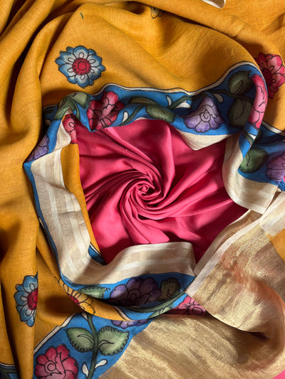 GUL : HAND DRAWN HAND PAINTED PEN KALAMKARI CHANDERI SILK  TISSUE DUPATTA WITH DYED MODAL SILK  SUIT SET