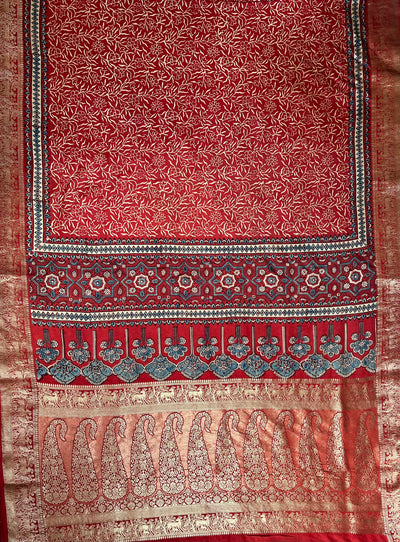 ARUNDHATI:Handmade Ajrakh Dola Silk Saree with Meenakari Pallu