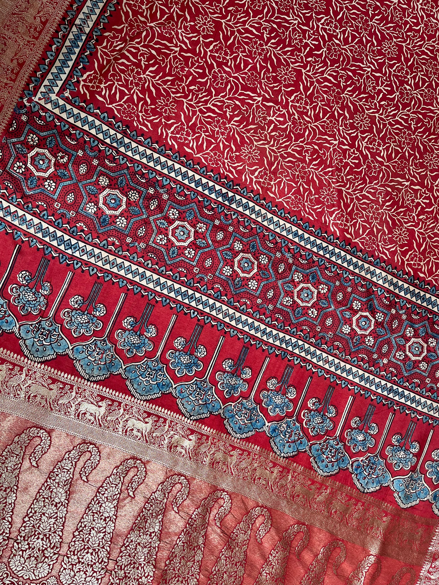 ARUNDHATI:Handmade Ajrakh Dola Silk Saree with Meenakari Pallu