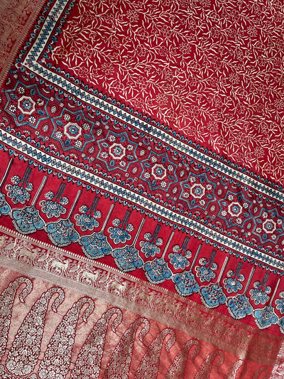 ARUNDHATI:Handmade Ajrakh Dola Silk Saree with Meenakari Pallu