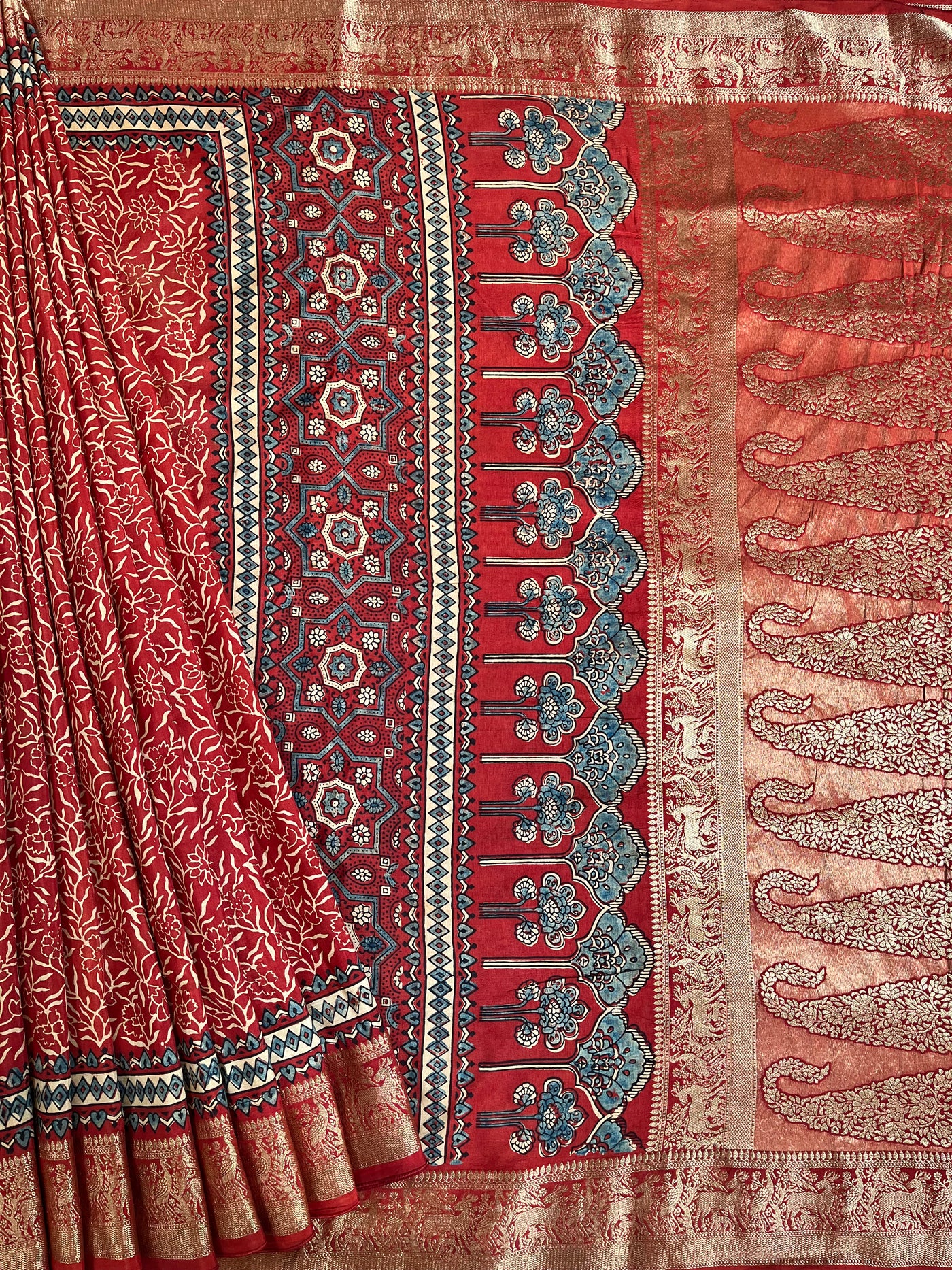 ARUNDHATI:Handmade Ajrakh Dola Silk Saree with Meenakari Pallu