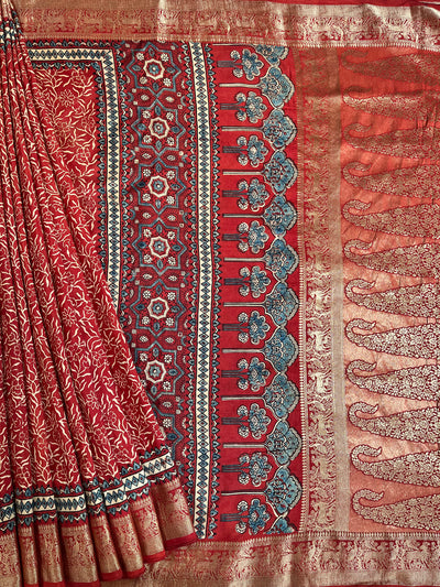 ARUNDHATI:Handmade Ajrakh Dola Silk Saree with Meenakari Pallu