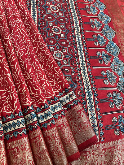 ARUNDHATI:Handmade Ajrakh Dola Silk Saree with Meenakari Pallu