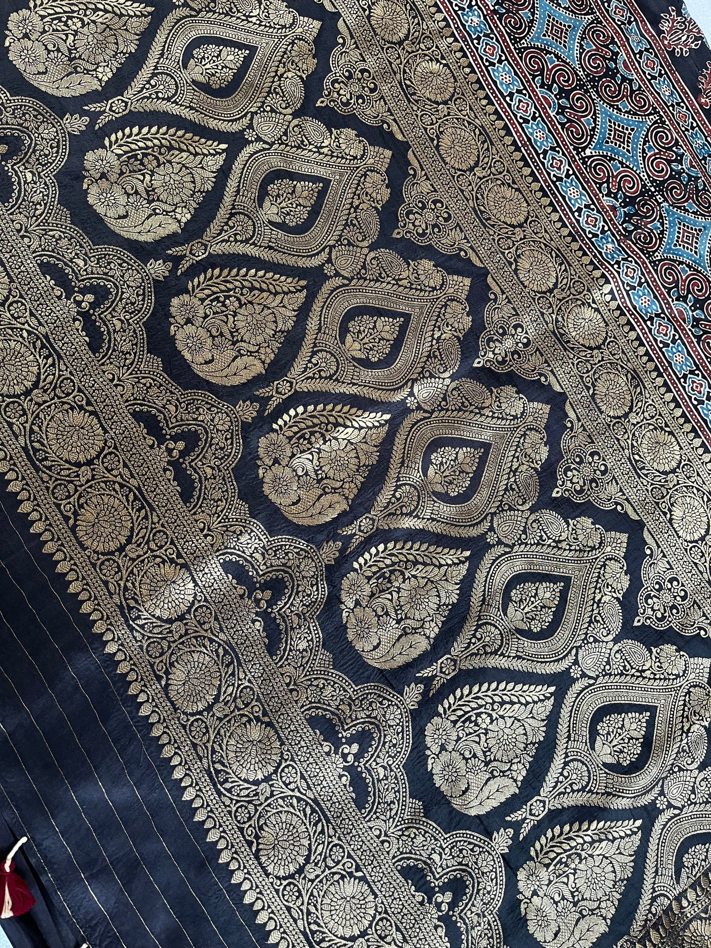 NITYA:Handblock Ajrakh Dola Silk Ajrakh Saree with Meenakari Pallu