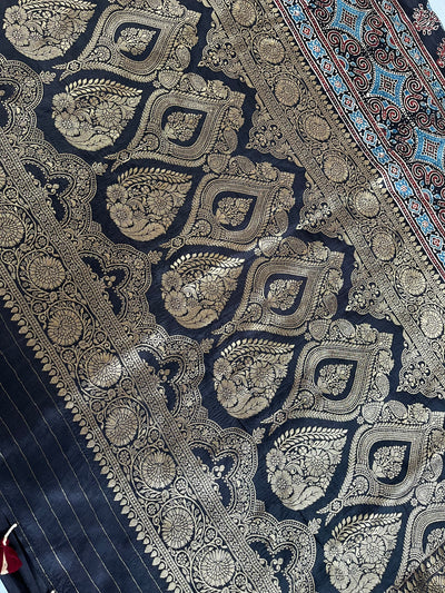 NITYA:Handblock Ajrakh Dola Silk Ajrakh Saree with Meenakari Pallu