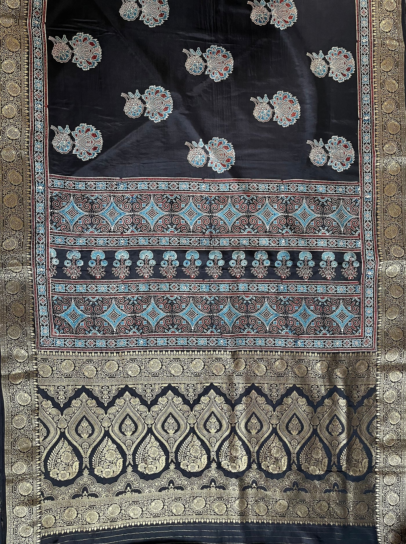 NITYA:Handblock Ajrakh Dola Silk Ajrakh Saree with Meenakari Pallu