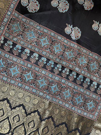 NITYA:Handblock Ajrakh Dola Silk Ajrakh Saree with Meenakari Pallu