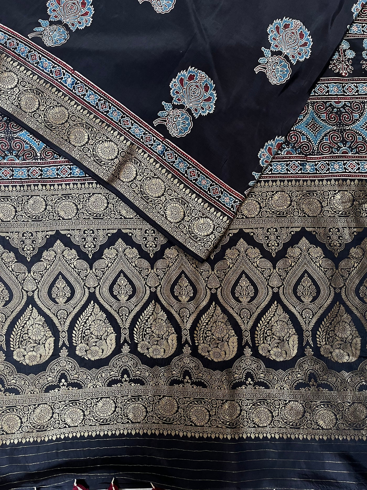 NITYA:Handblock Ajrakh Dola Silk Ajrakh Saree with Meenakari Pallu