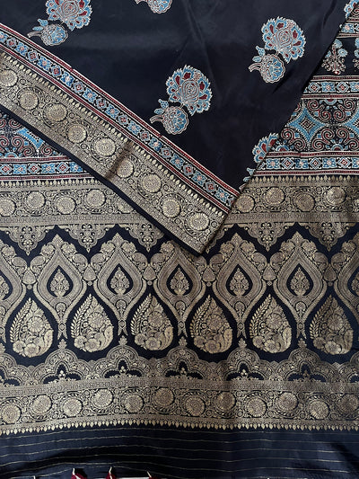 NITYA:Handblock Ajrakh Dola Silk Ajrakh Saree with Meenakari Pallu