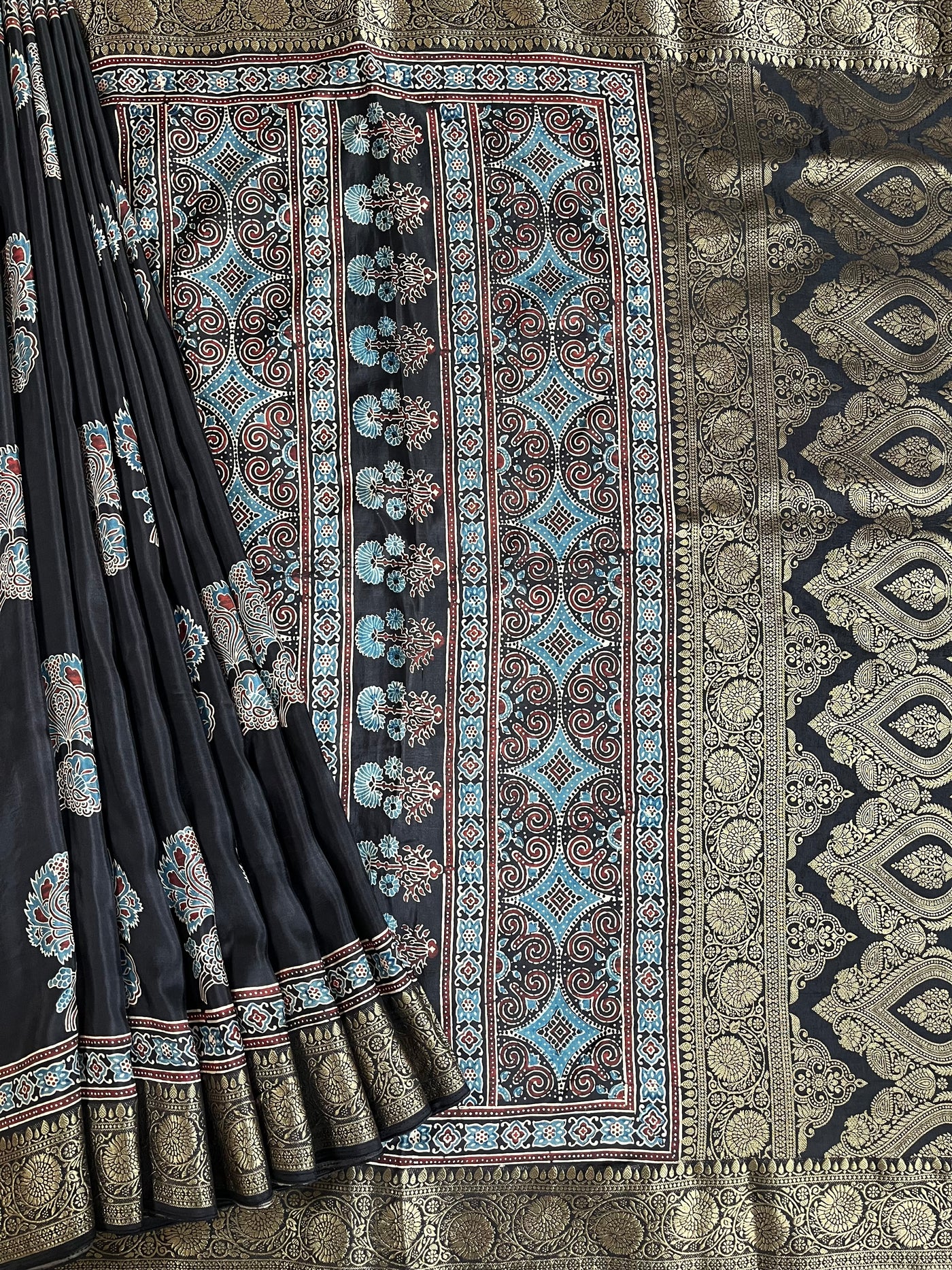 NITYA:Handblock Ajrakh Dola Silk Ajrakh Saree with Meenakari Pallu