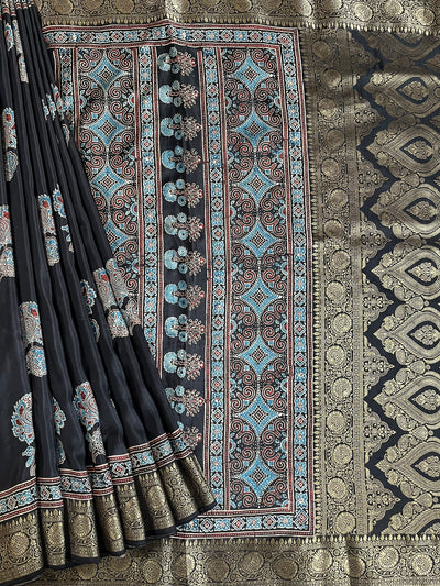 NITYA:Handblock Ajrakh Dola Silk Ajrakh Saree with Meenakari Pallu