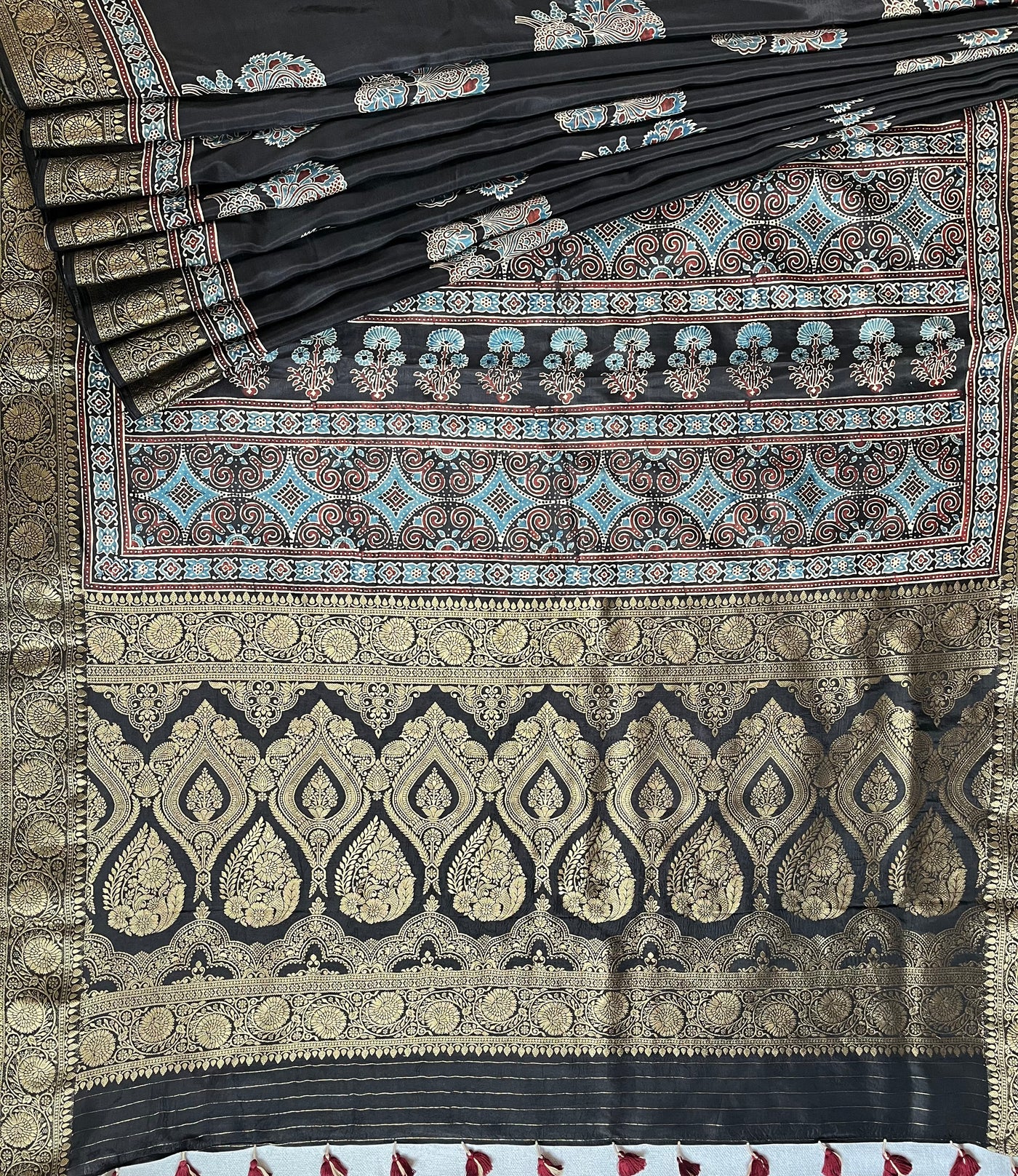 NITYA:Handblock Ajrakh Dola Silk Ajrakh Saree with Meenakari Pallu