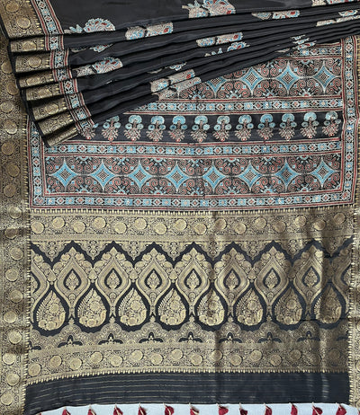 NITYA:Handblock Ajrakh Dola Silk Ajrakh Saree with Meenakari Pallu