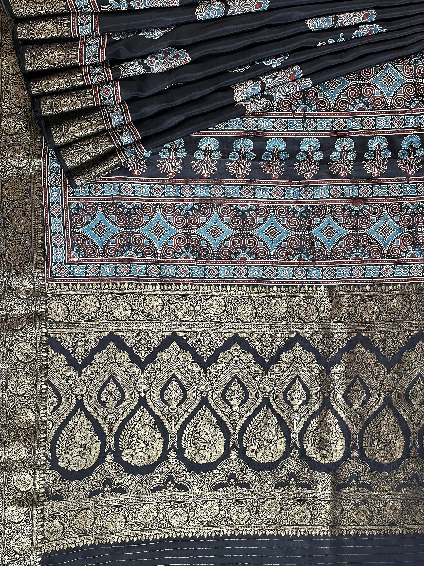 NITYA:Handblock Ajrakh Dola Silk Ajrakh Saree with Meenakari Pallu