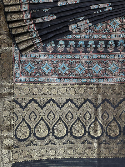 NITYA:Handblock Ajrakh Dola Silk Ajrakh Saree with Meenakari Pallu