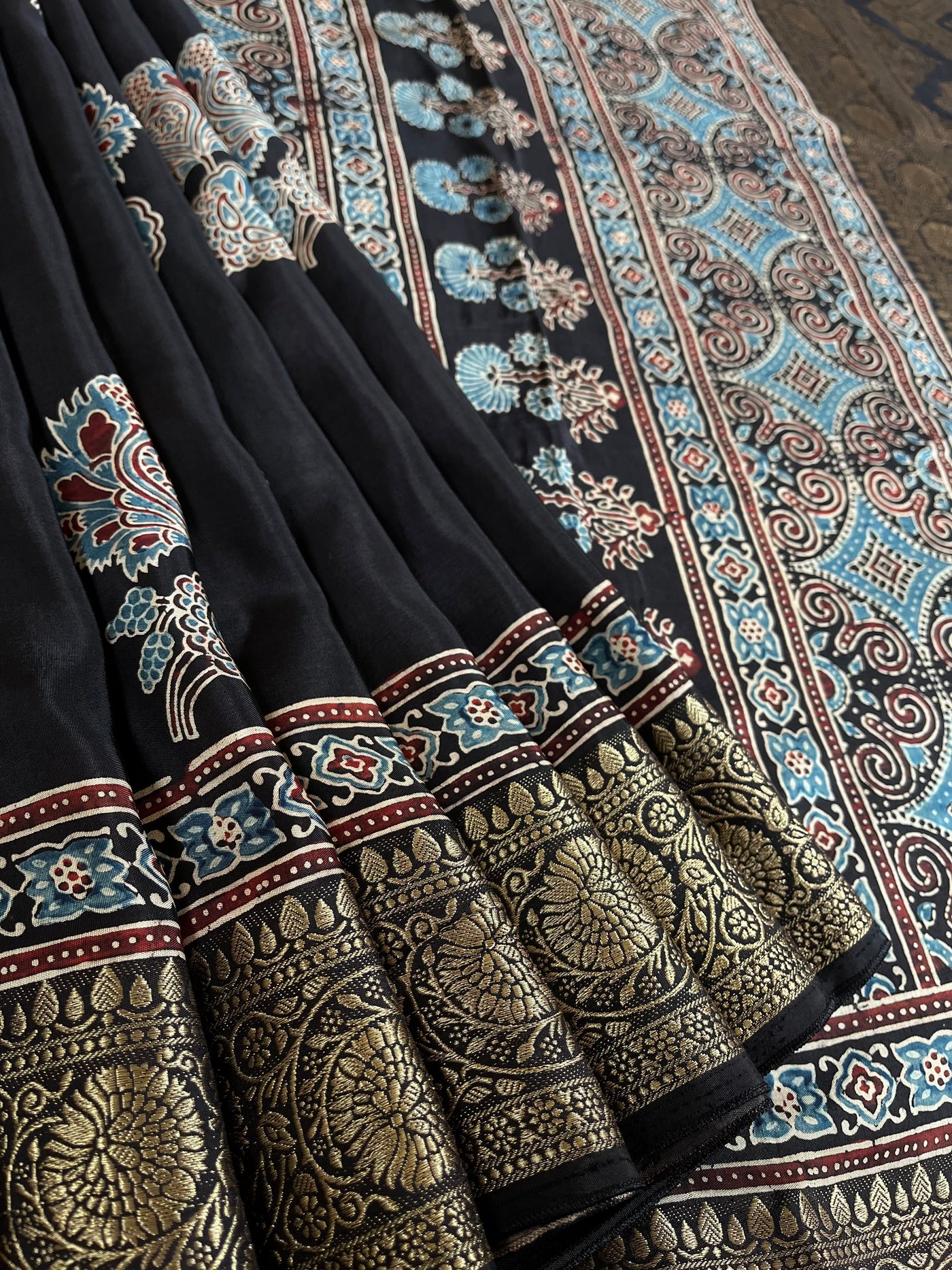 NITYA:Handblock Ajrakh Dola Silk Ajrakh Saree with Meenakari Pallu