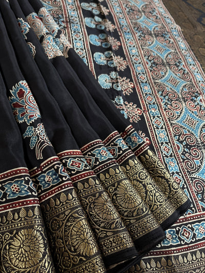 NITYA:Handblock Ajrakh Dola Silk Ajrakh Saree with Meenakari Pallu