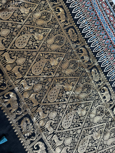 SITARA: HANDBLOCK AJRAKH DOLA SILK SAREE WITH MEENAKARI PALLU