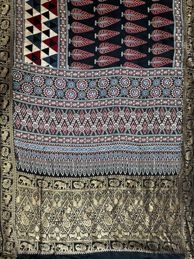 SITARA: HANDBLOCK AJRAKH DOLA SILK SAREE WITH MEENAKARI PALLU