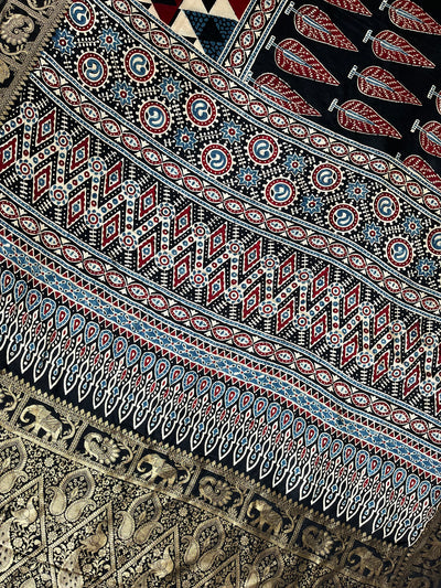 SITARA: HANDBLOCK AJRAKH DOLA SILK SAREE WITH MEENAKARI PALLU