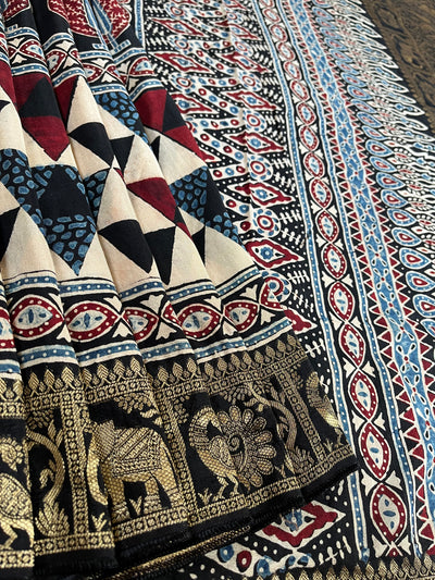 SITARA: HANDBLOCK AJRAKH DOLA SILK SAREE WITH MEENAKARI PALLU