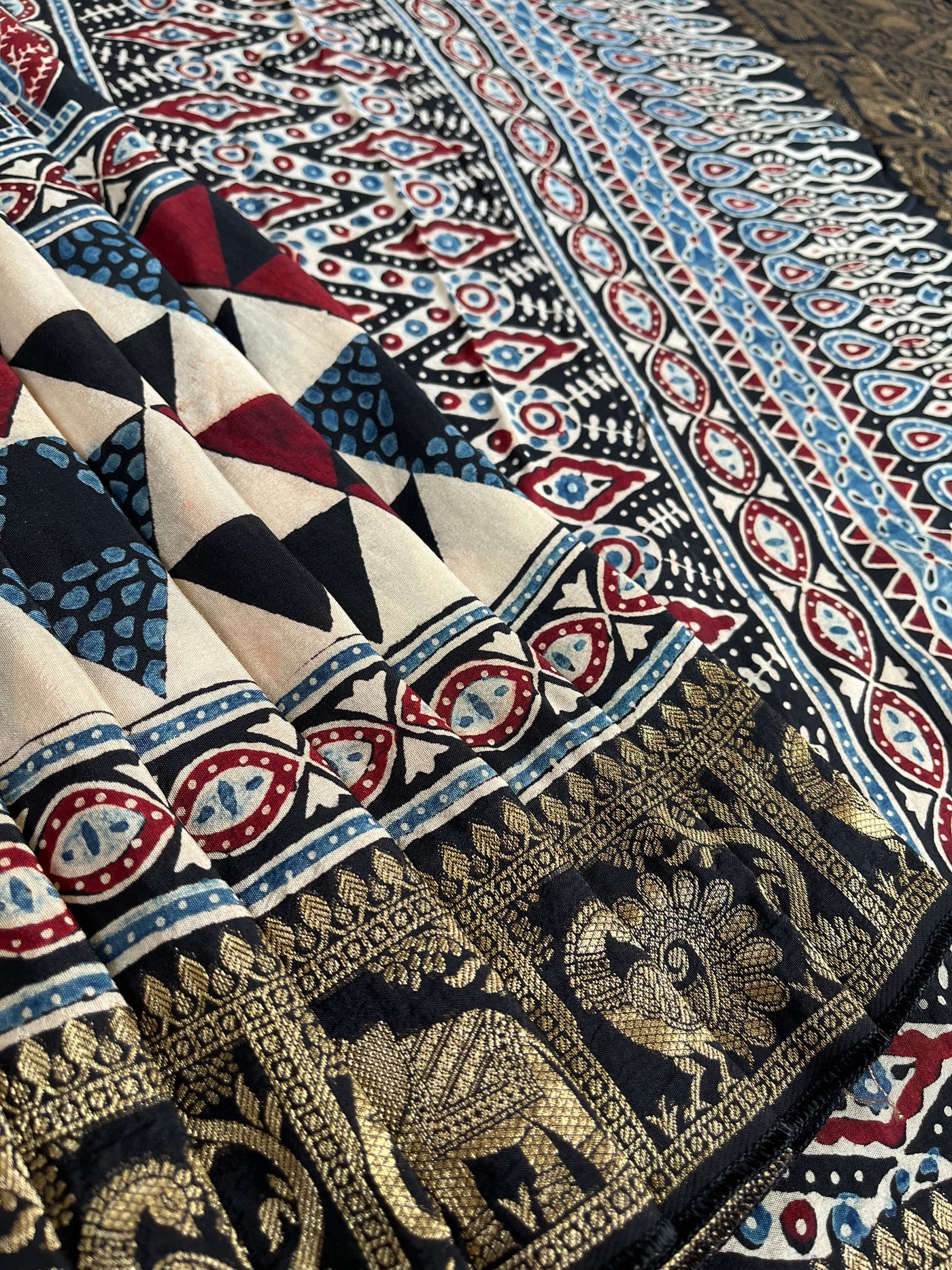 SITARA: HANDBLOCK AJRAKH DOLA SILK SAREE WITH MEENAKARI PALLU
