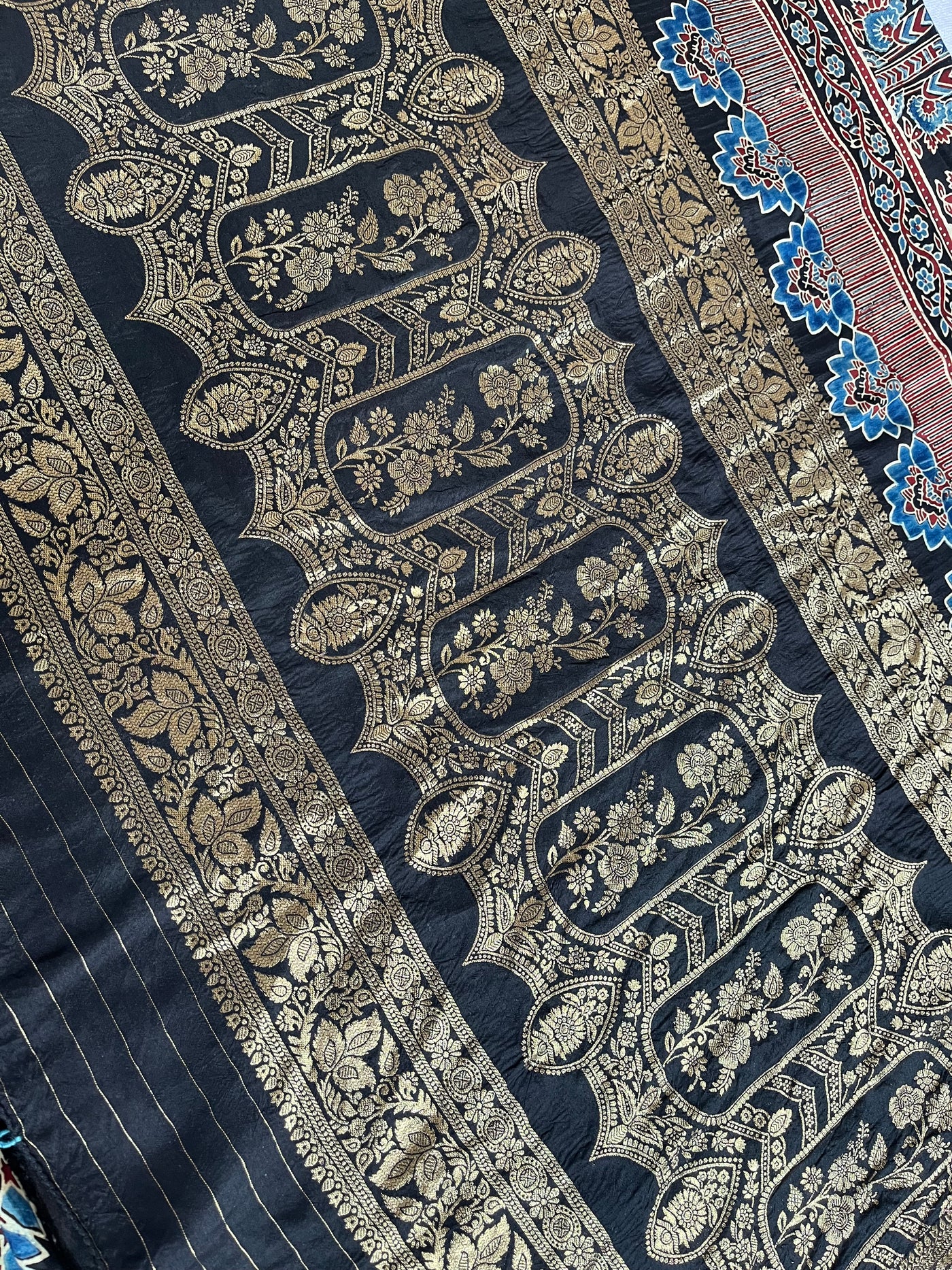 Dreamy Black:Handblock Ajrakh Dola Silk Saree With Meenakari Pallu.