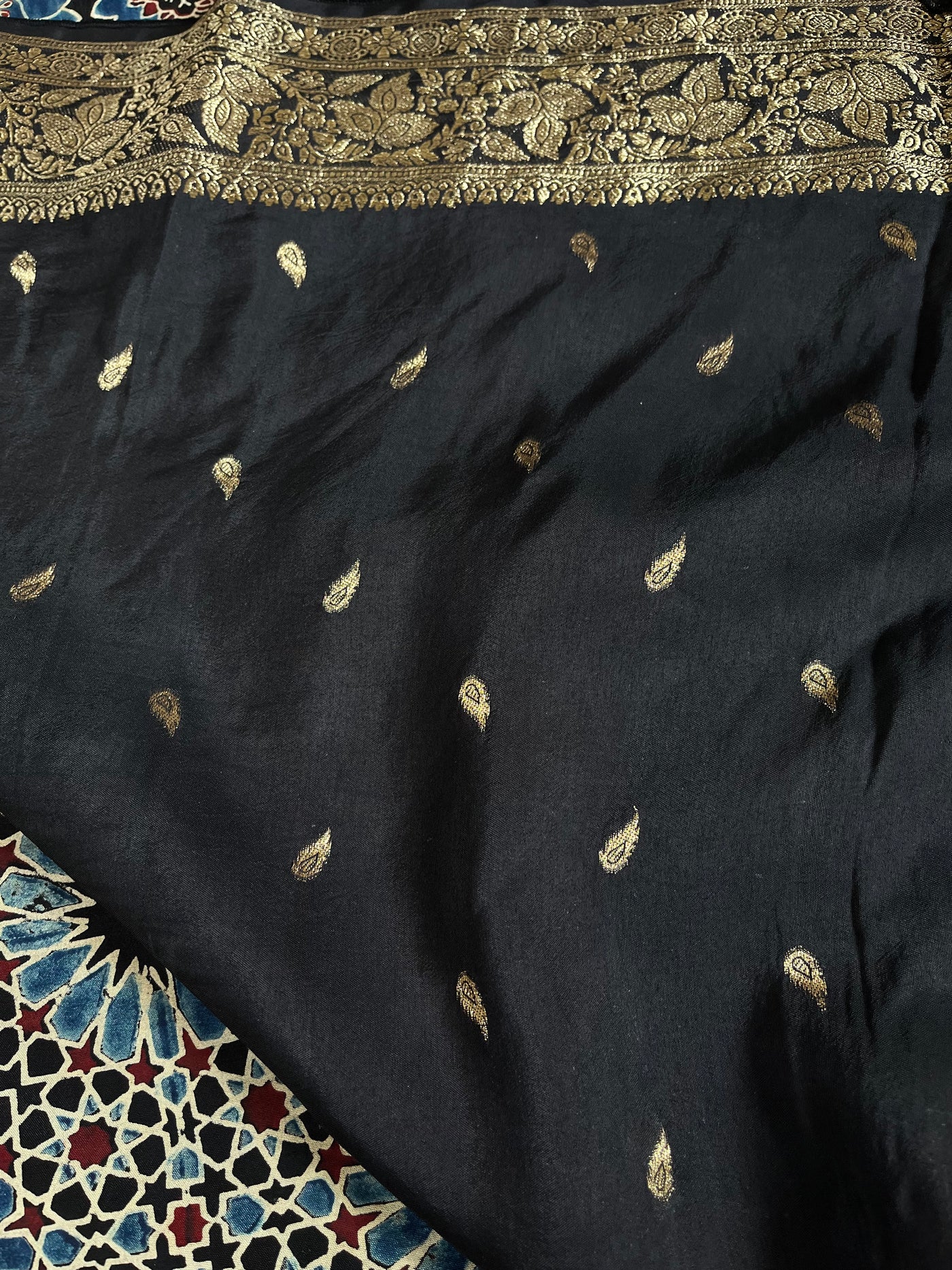 Dreamy Black:Handblock Ajrakh Dola Silk Saree With Meenakari Pallu.