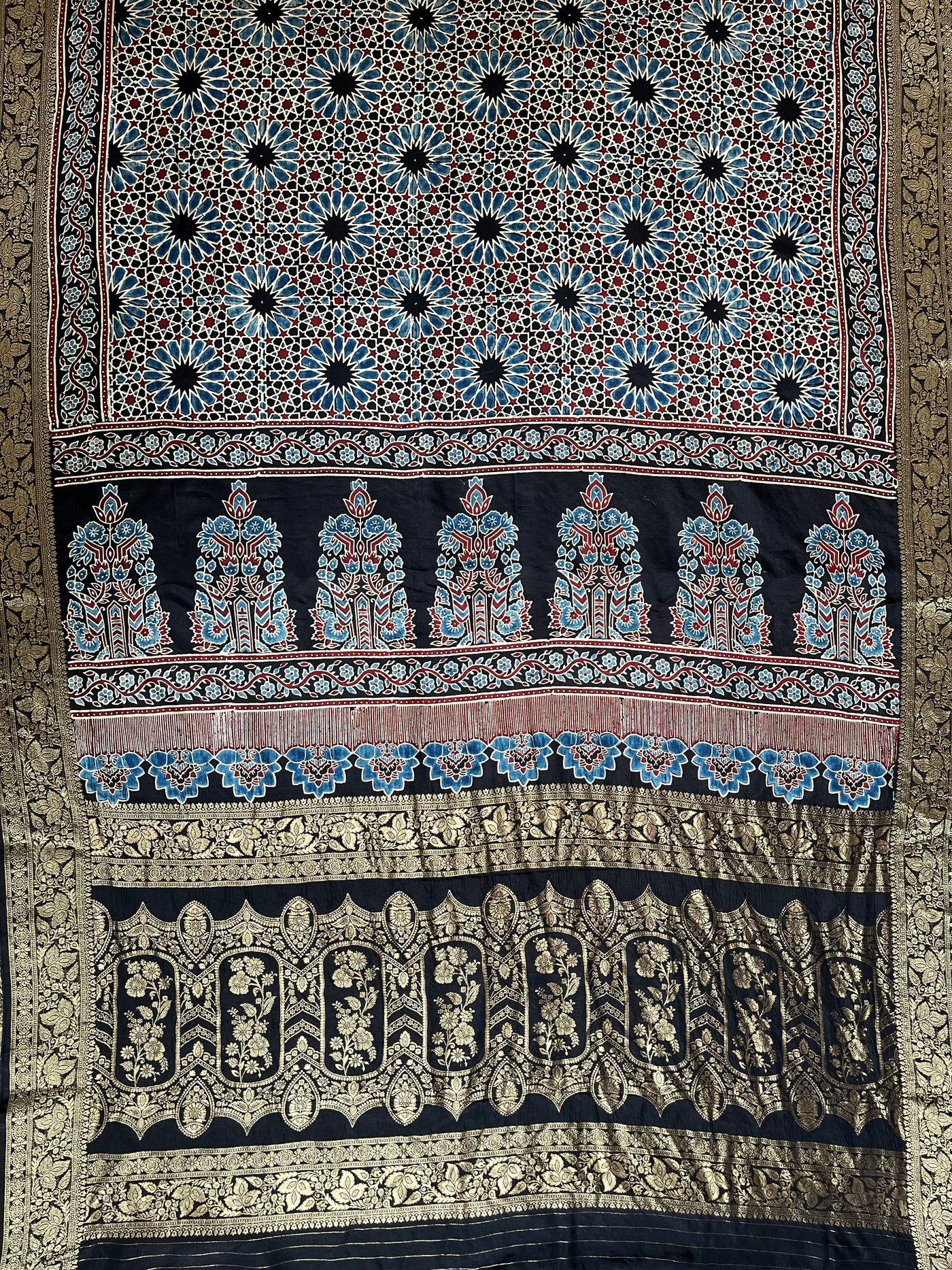 Dreamy Black:Handblock Ajrakh Dola Silk Saree With Meenakari Pallu.