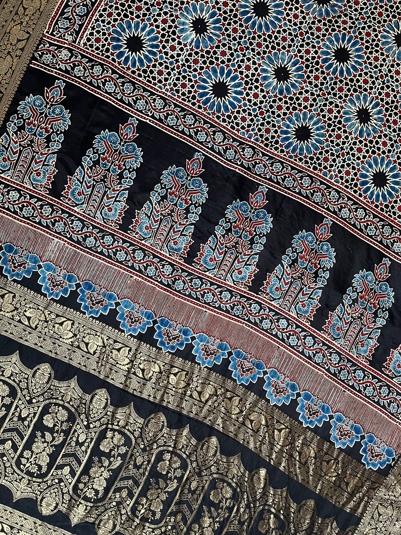 Dreamy Black:Handblock Ajrakh Dola Silk Saree With Meenakari Pallu.