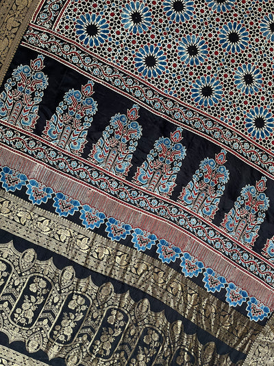 Dreamy Black:Handblock Ajrakh Dola Silk Saree With Meenakari Pallu.