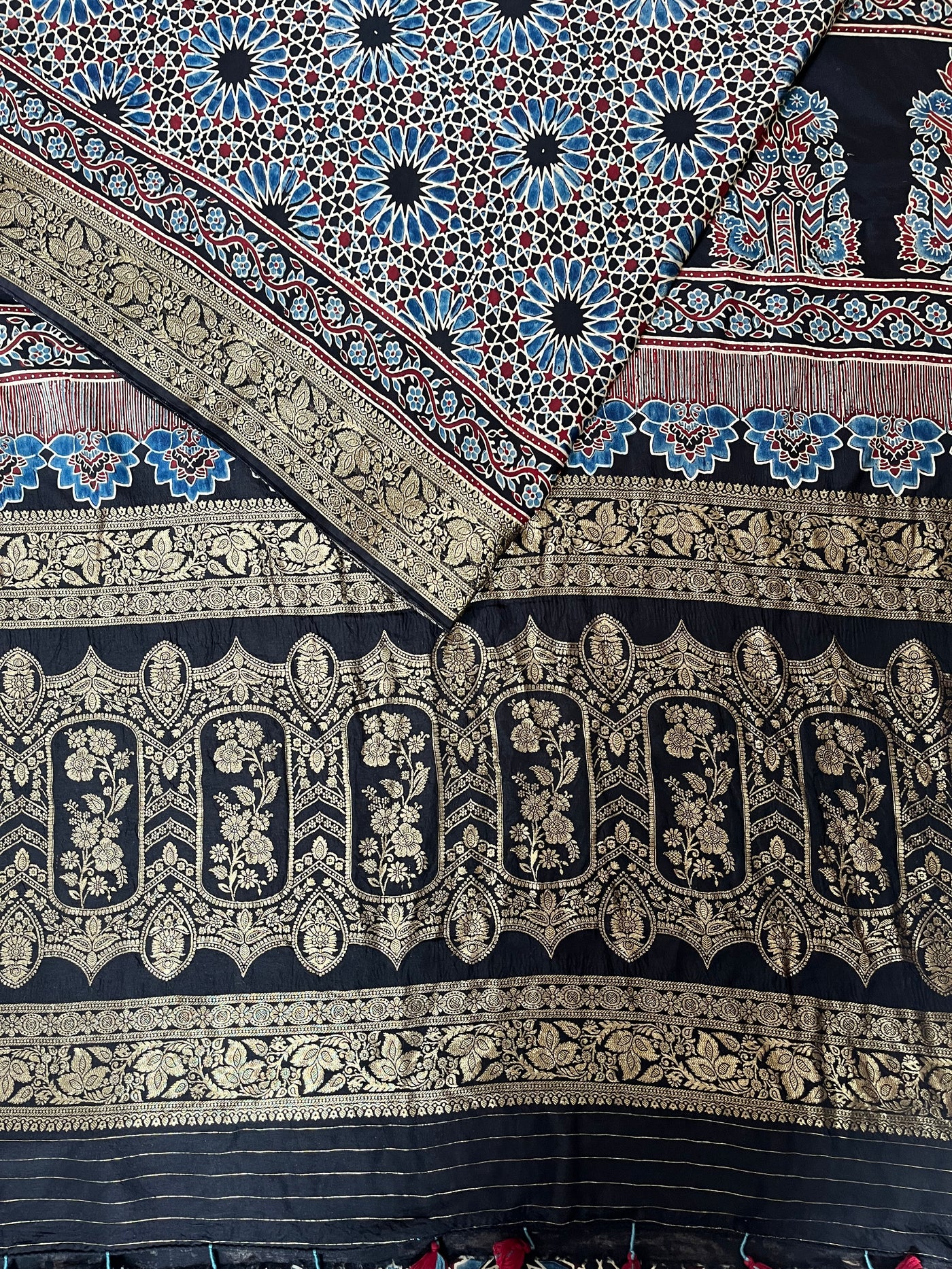 Dreamy Black:Handblock Ajrakh Dola Silk Saree With Meenakari Pallu.