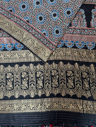 Dreamy Black:Handblock Ajrakh Dola Silk Saree With Meenakari Pallu.
