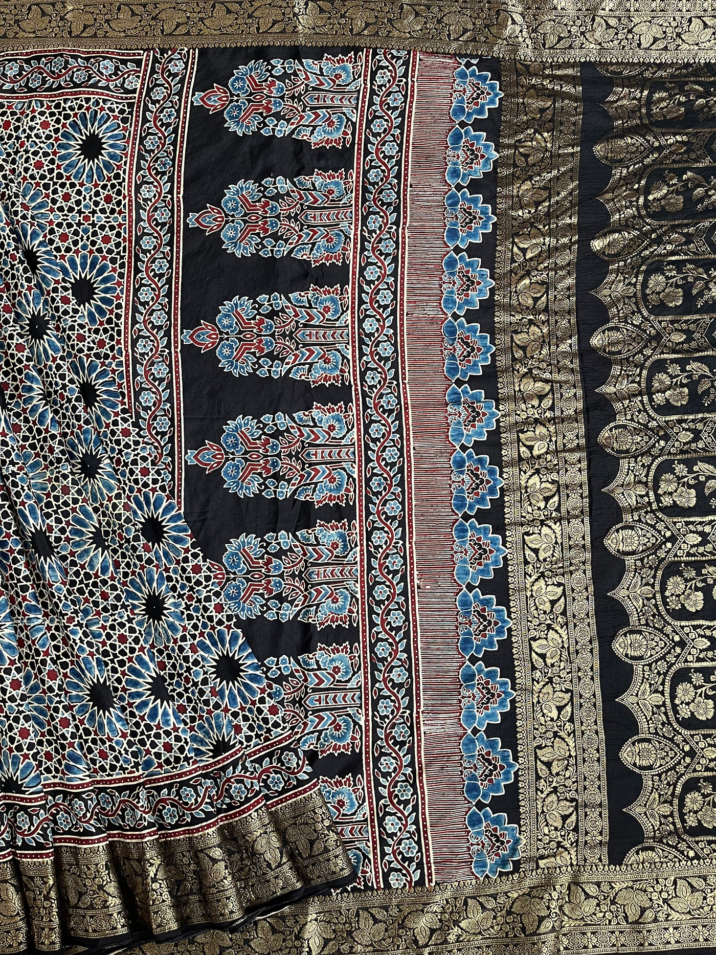 Dreamy Black:Handblock Ajrakh Dola Silk Saree With Meenakari Pallu.