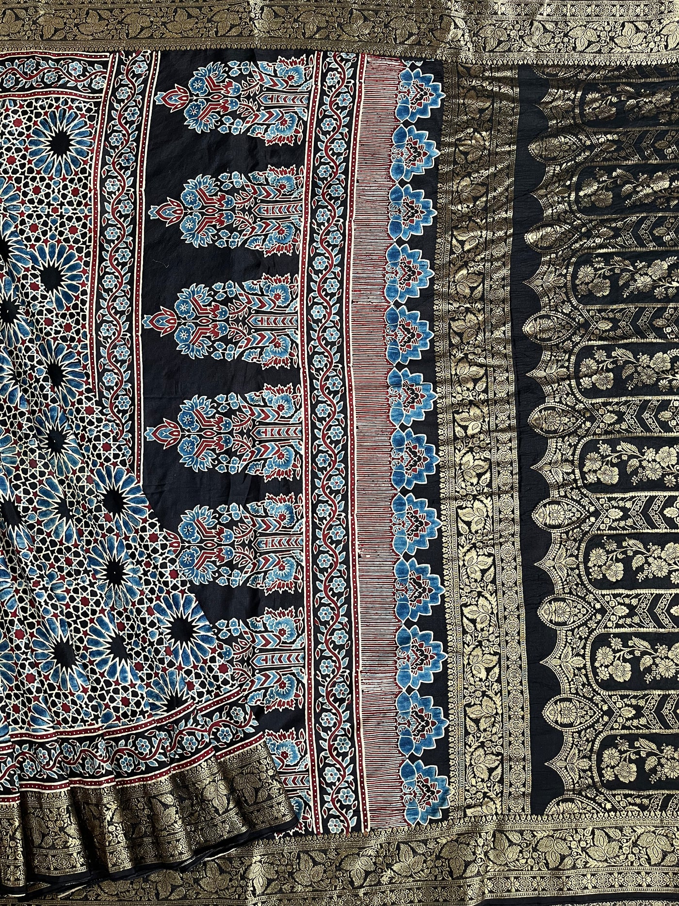 Dreamy Black:Handblock Ajrakh Dola Silk Saree With Meenakari Pallu.