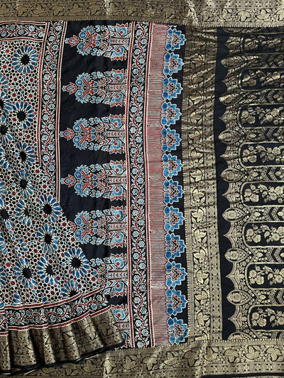 Dreamy Black:Handblock Ajrakh Dola Silk Saree With Meenakari Pallu.