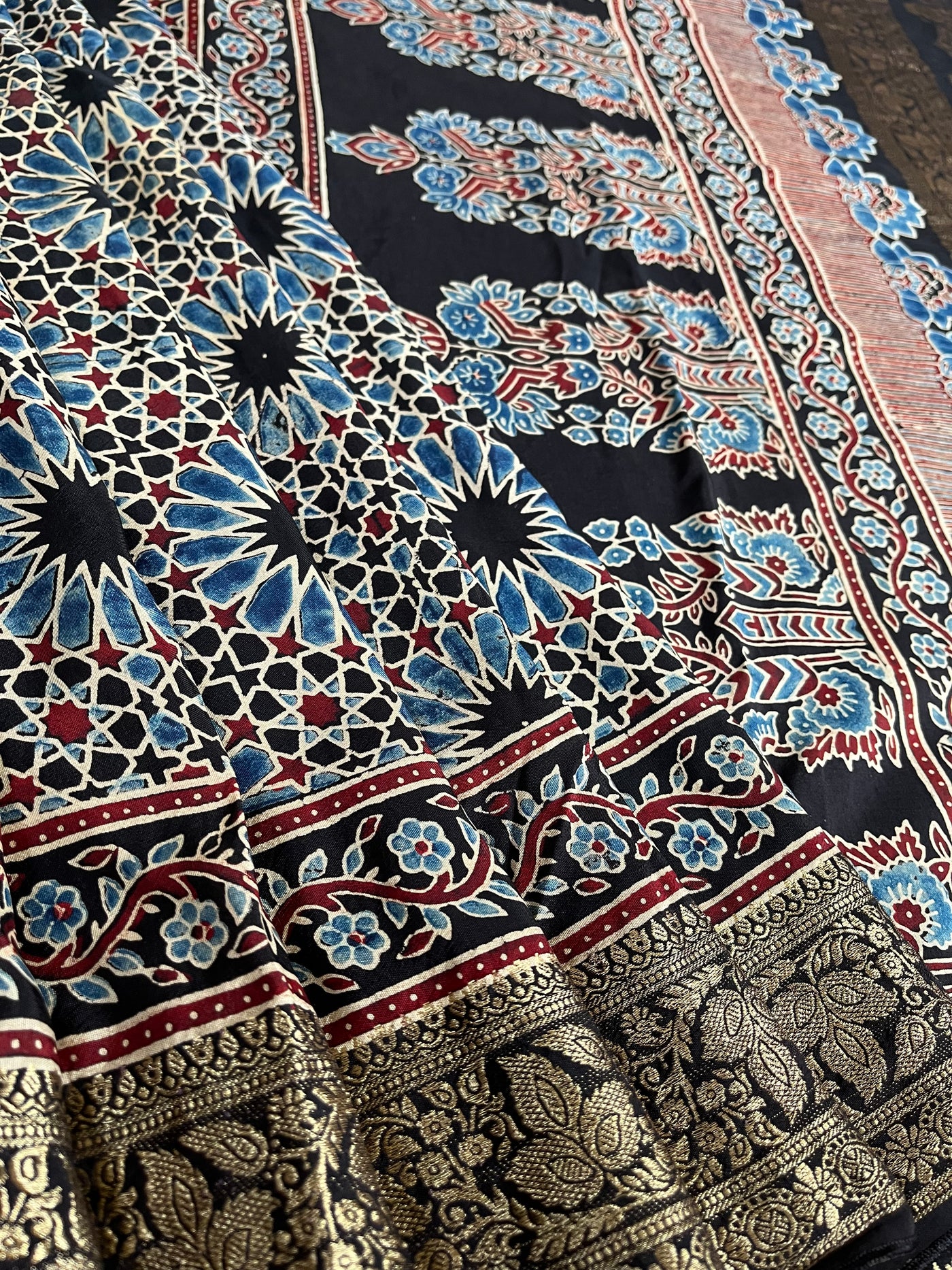 Dreamy Black:Handblock Ajrakh Dola Silk Saree With Meenakari Pallu.