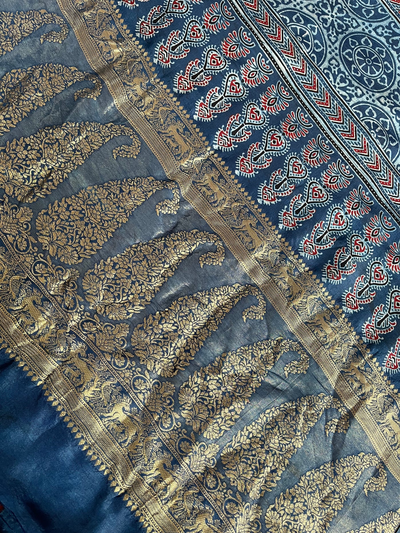 Kaushiki:Handblock Ajrakh Dola Silk Saree With Meenakari Pallu.
